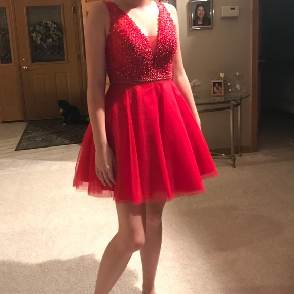 Red V-Neck Homecoming Dress - Picture 1 of 5